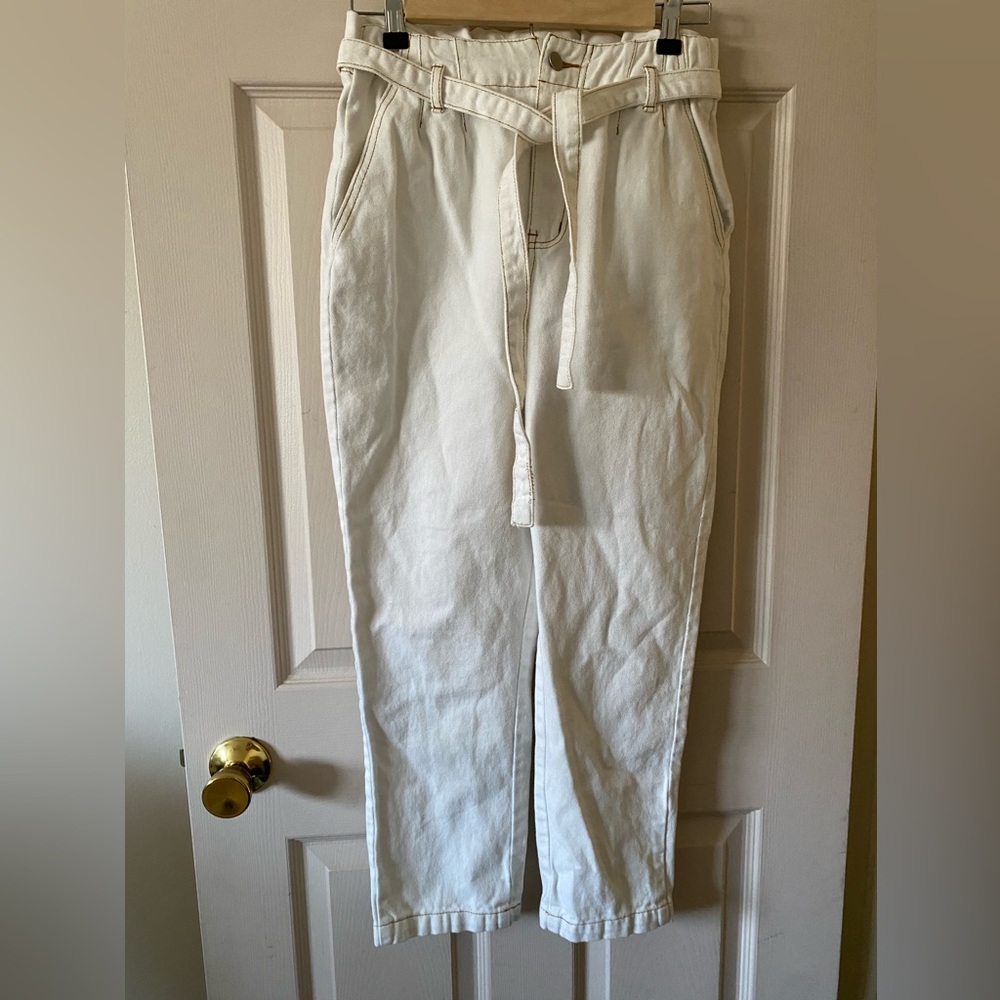 Bohme White Relaxed Fit Straight Leg Paperbag Tie Waist Jeans